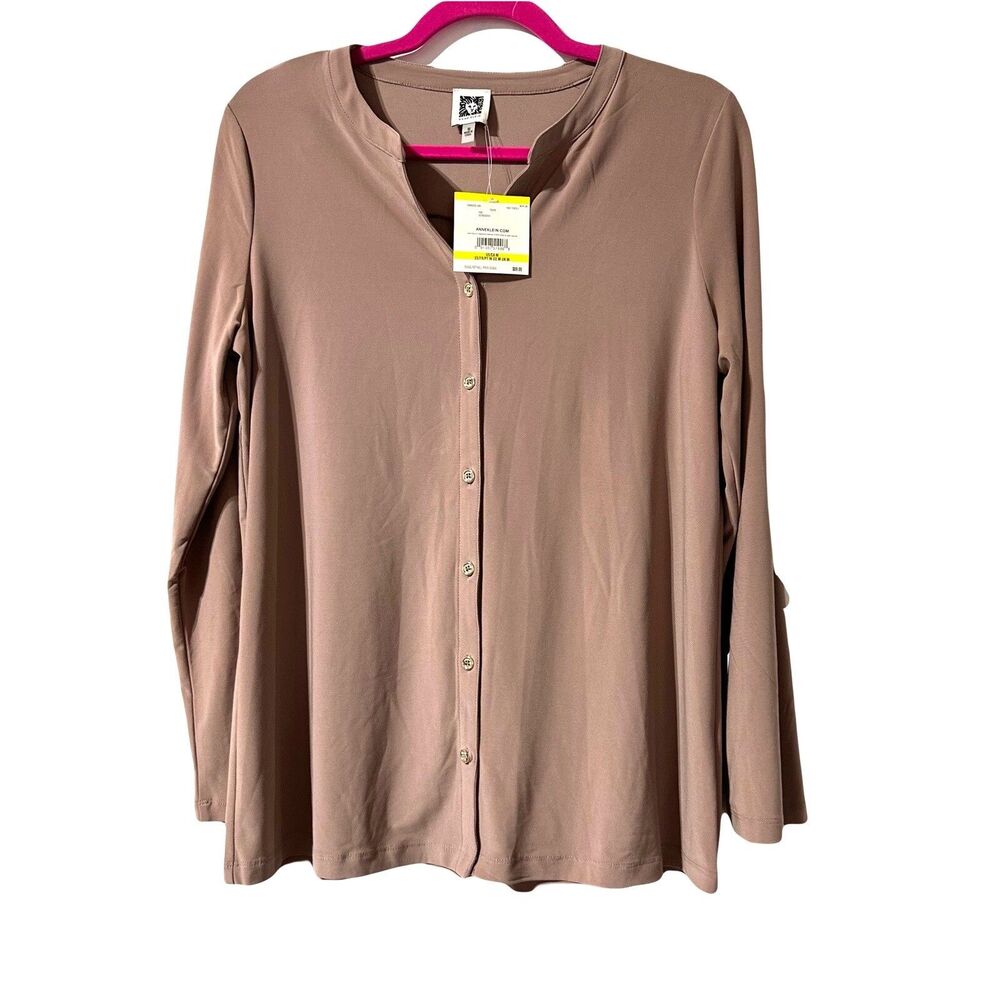 Anne Klein Button Front Blouse Size M Roll Tab Sleeve Split Neck Taupe NWT